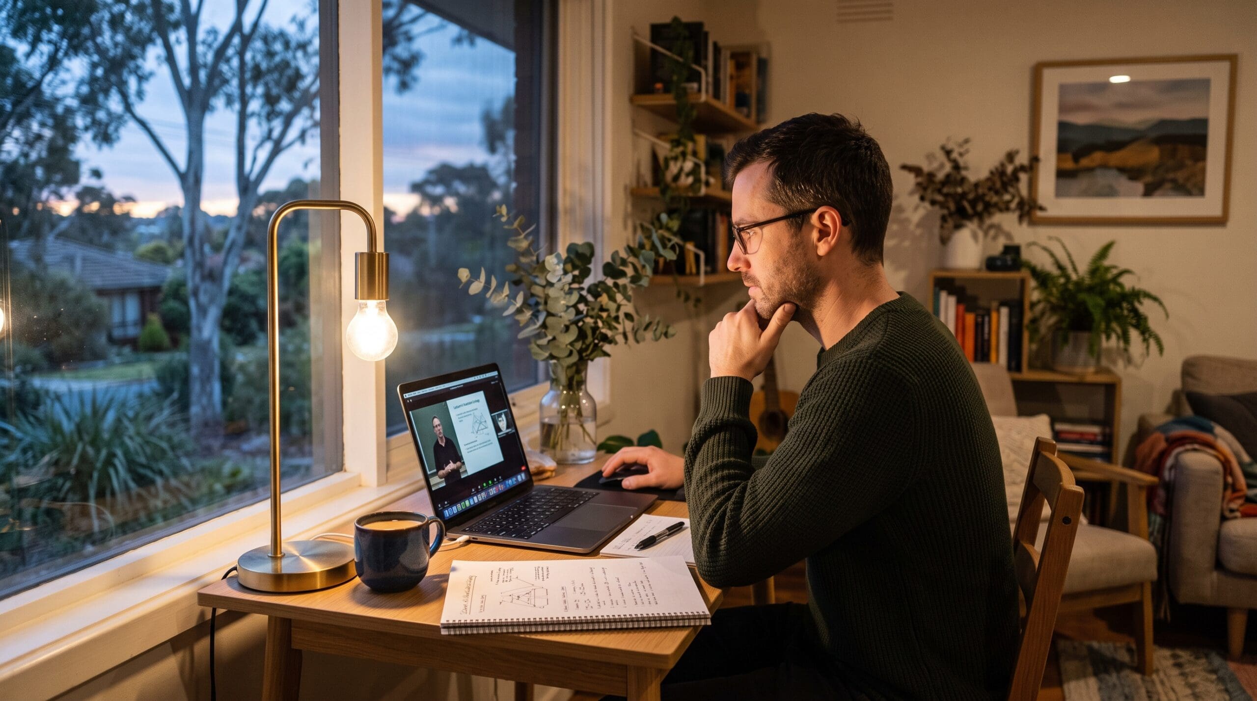 A man in his thirties studying an online counselling course at a home desk in the evening with a laptop and printed notes