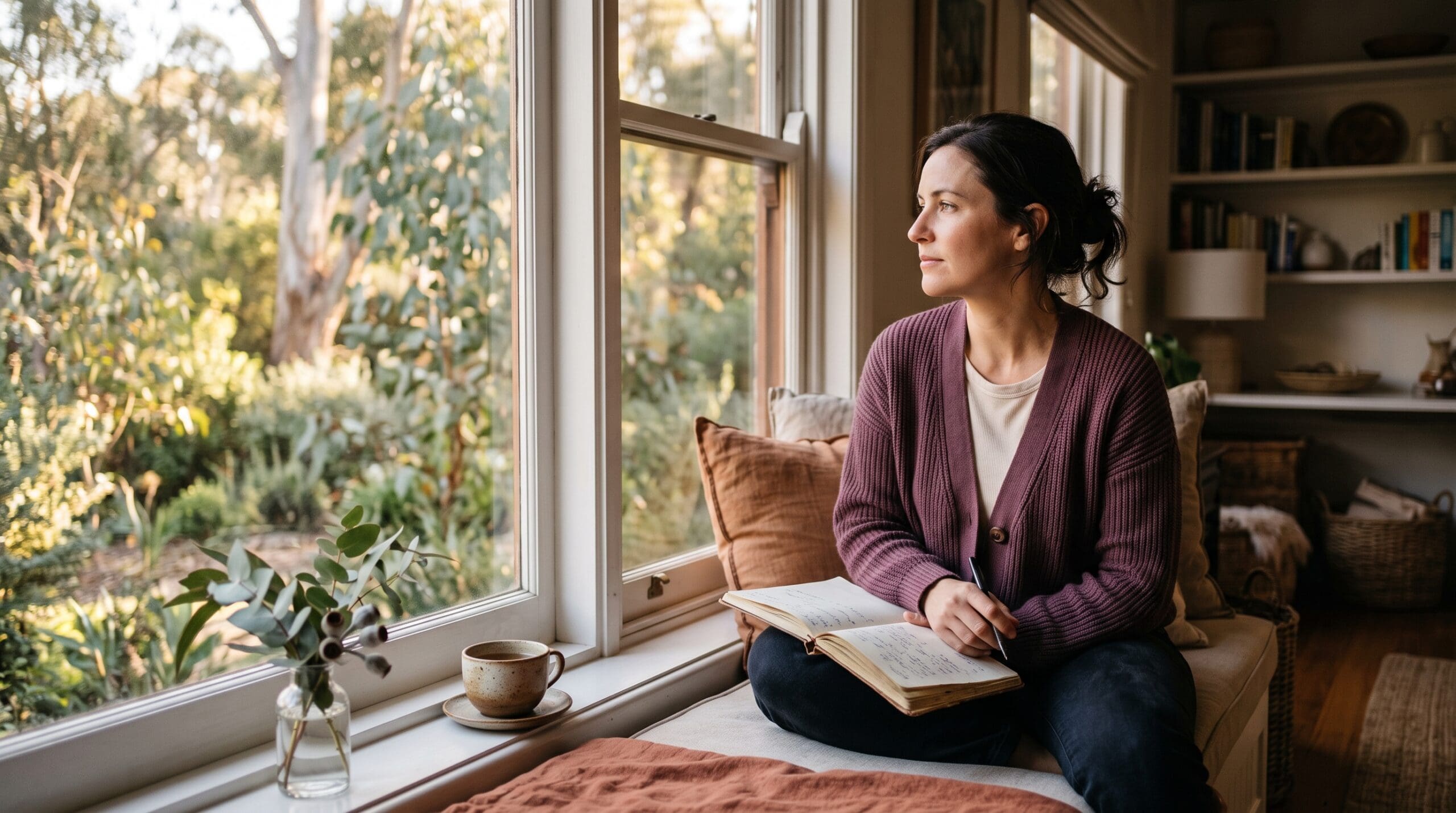 holistic-counselling-vs-traditional-counselling A woman sitting by a window with a notebook and tea, weighing up two counselling study pathways