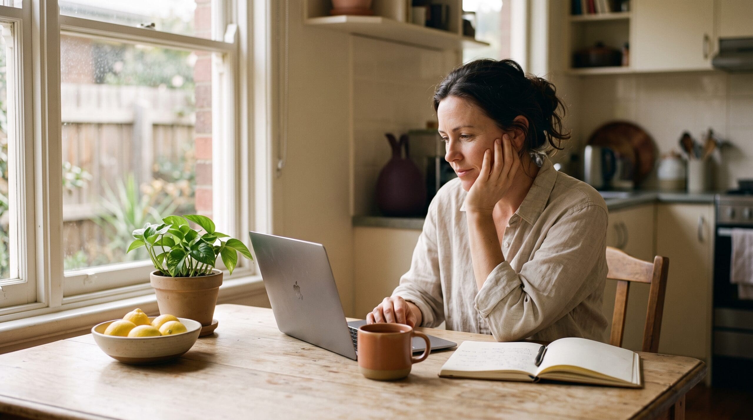 A woman in her forties at a kitchen table with a laptop and notebook, researching a career change