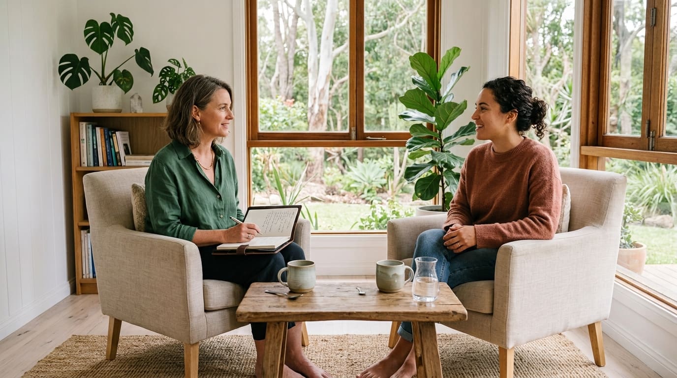 A holistic life coach in conversation with a client, seated in two armchairs in a bright, plant-filled room