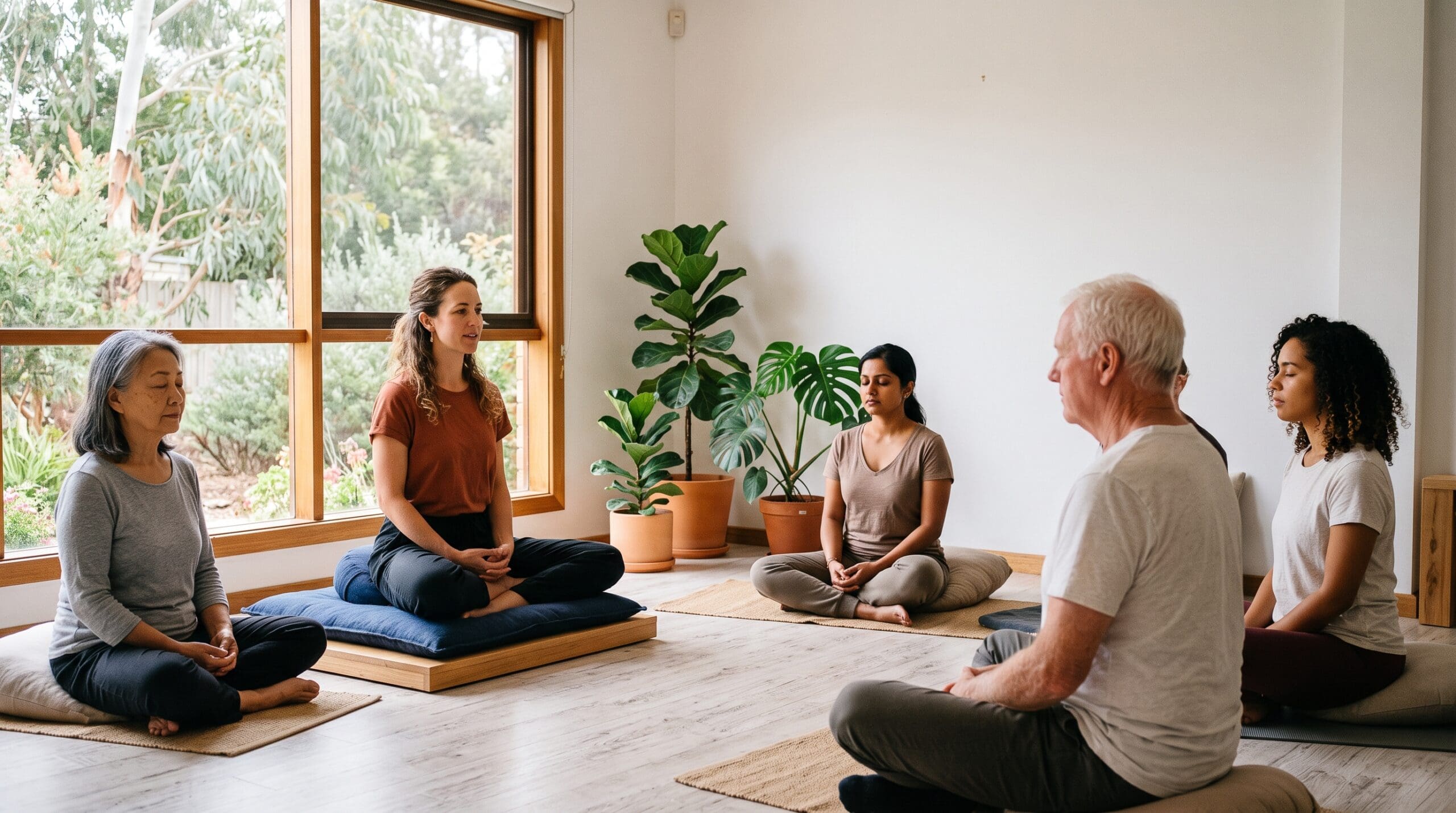 how-to-become-a-meditation-teacher-australia A meditation teacher seated at the front of a small group class in a sunlit studio, guiding students through a practice