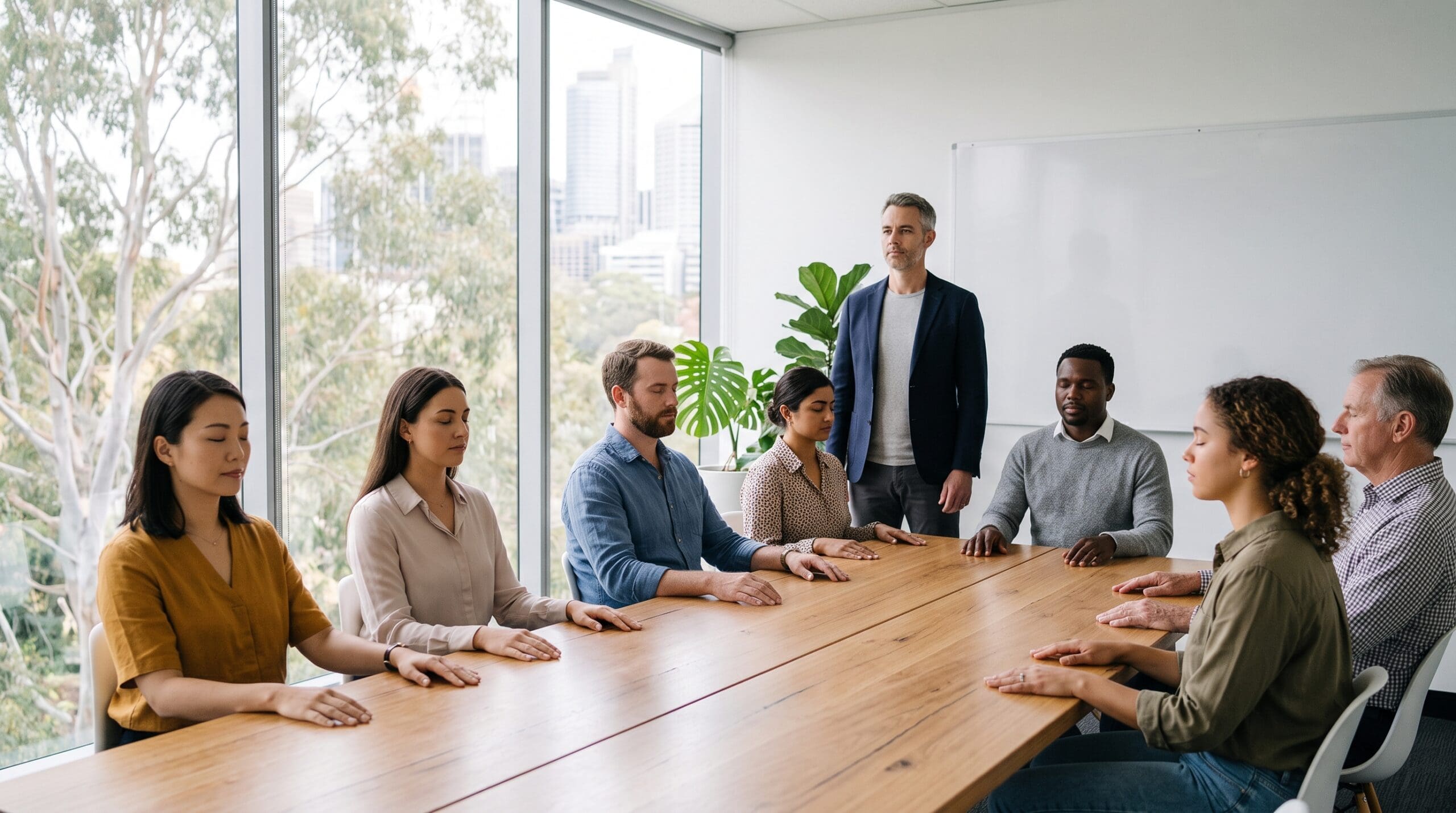 how-to-become-a-stress-management-coach-australia A stress management coach leading a seated breathing exercise for a small team in a modern office meeting room