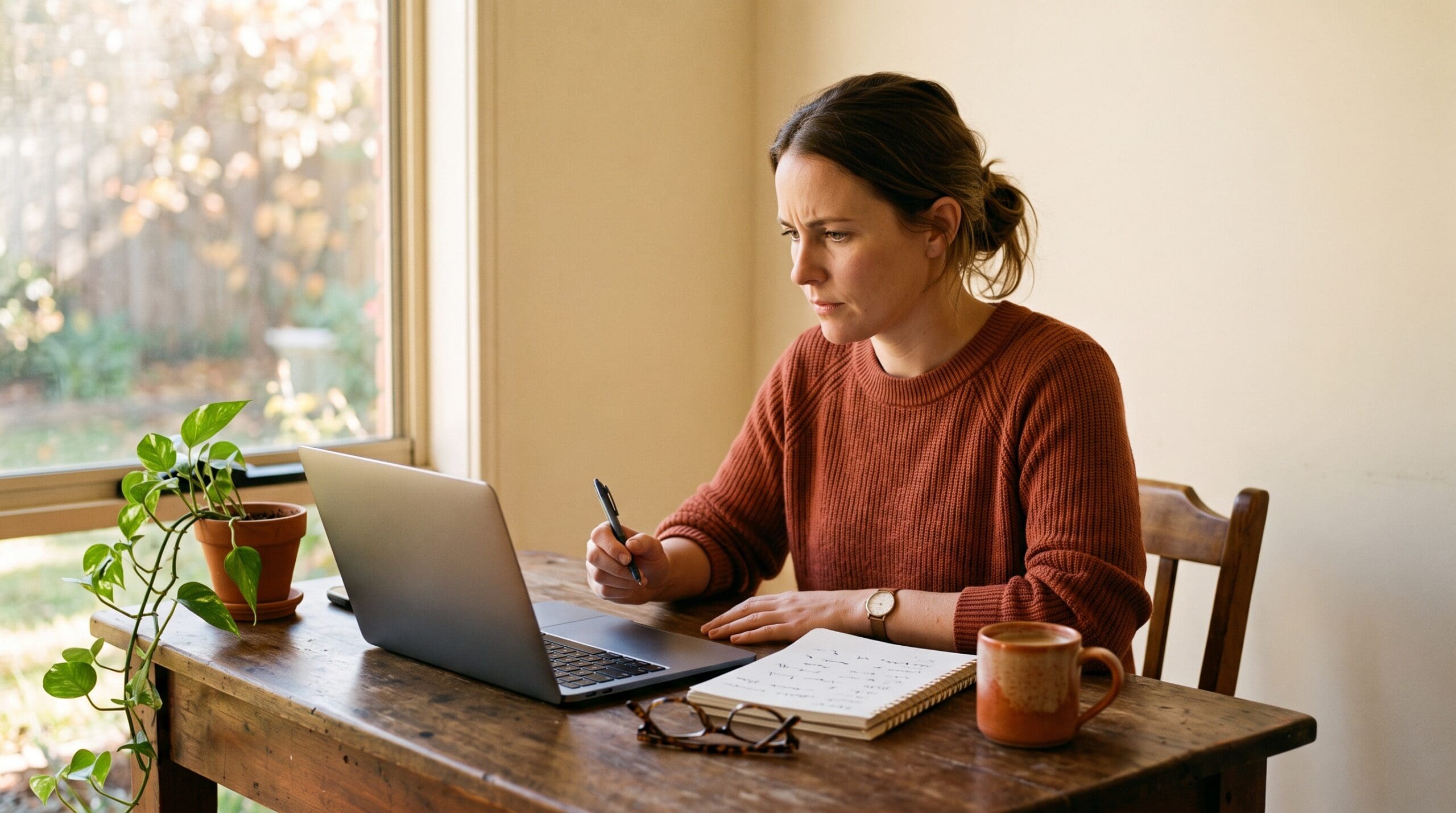 is-holistic-counselling-accredited-australia A woman comparing holistic counselling course information on a laptop with handwritten notes beside her