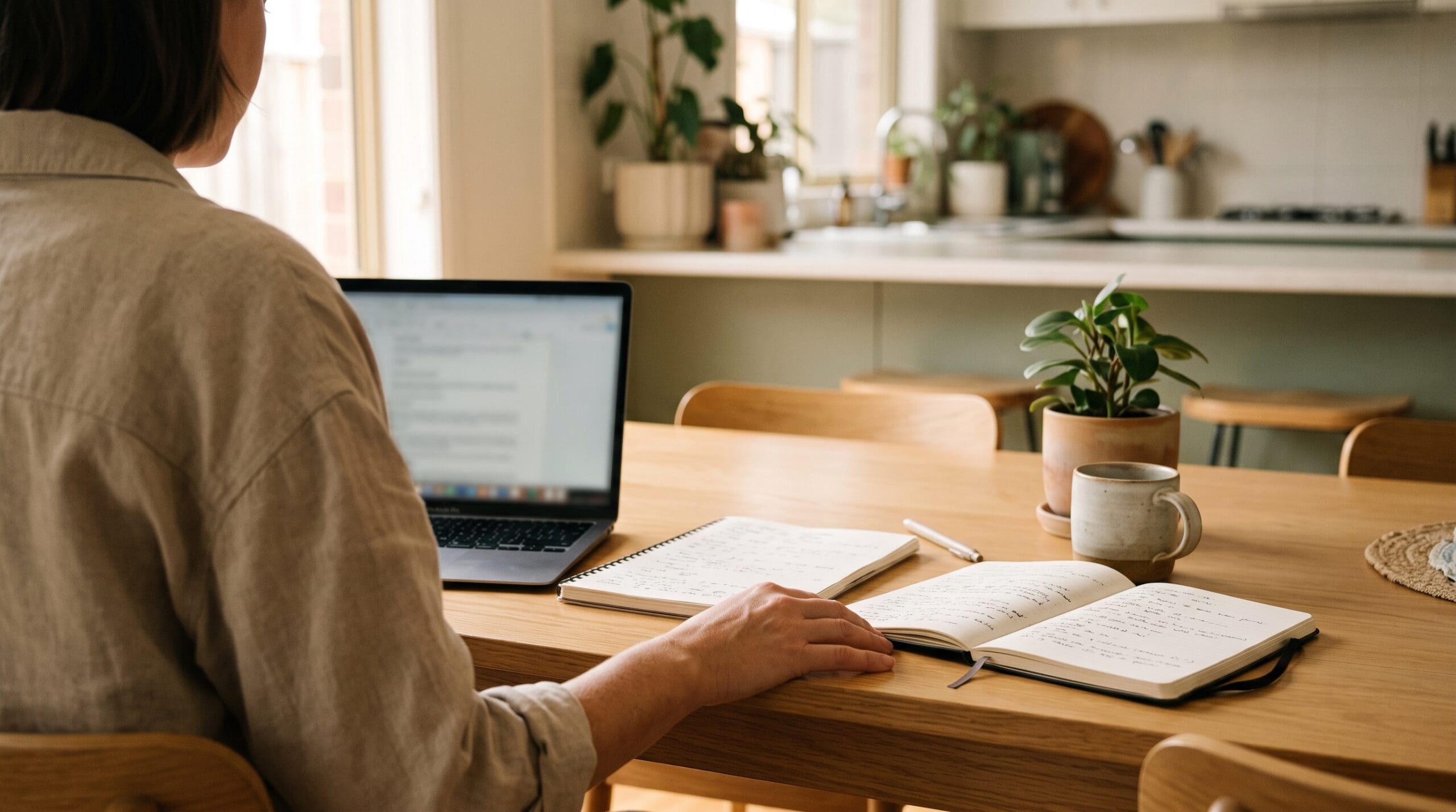 Holistic counselling vs holistic coaching: a woman comparing two course options at a table with a laptop and notebooks
