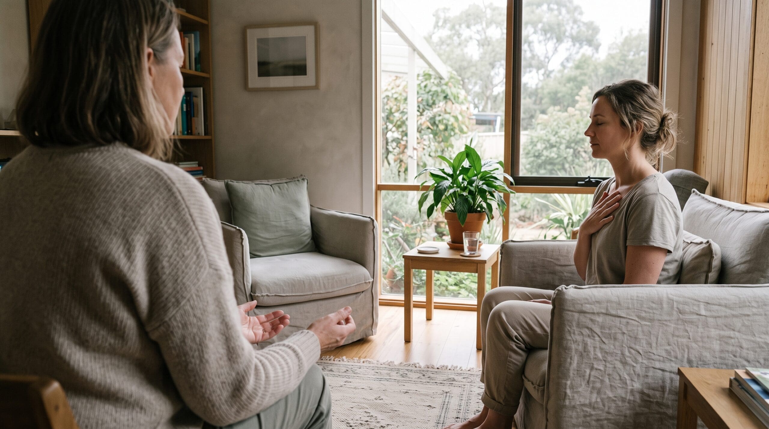 Holistic counsellor guiding a client through a breathing exercise What is holistic counselling: a counsellor guiding a client through a breathing exercise in a calm, light-filled room